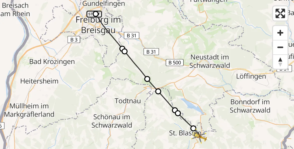Flugroute Rettungshubschrauber Freiburg im Breisgau Flugplatz - Häusern, 03 Juli 2026, 12:35