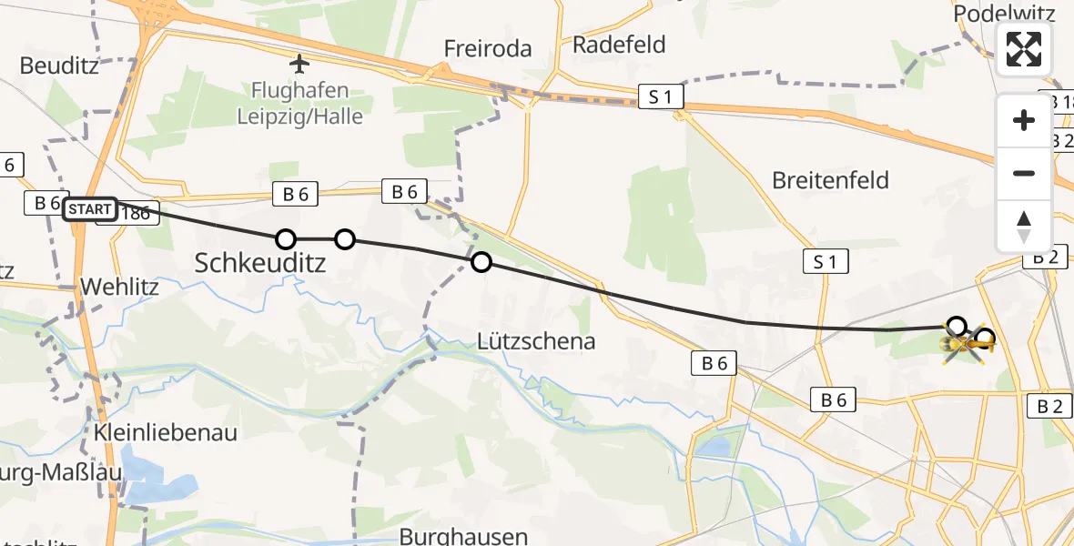 Flugroute Rettungshubschrauber Schkeuditz - Sankt Georg Hospital Leipzig Reserve, 03 Juli 2026, 12:37