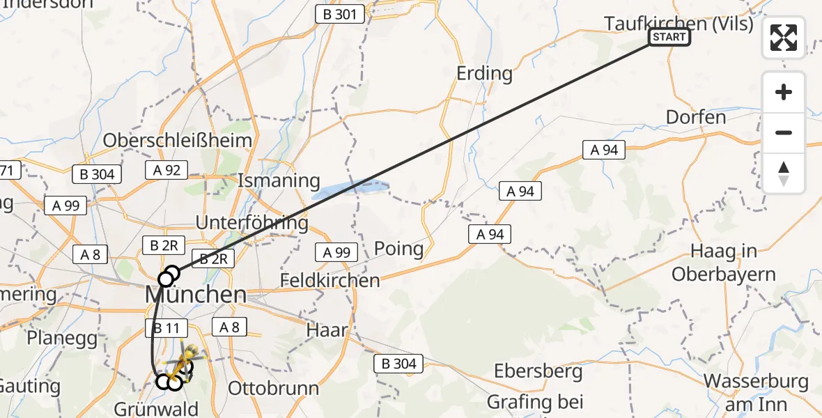 Flugroute Rettungshubschrauber Taufkirchen (Vils) - ADAC Air Rescue Center Hubschrauberlandeplatz (Christoph 1), 03 Juli 2026, 12:44