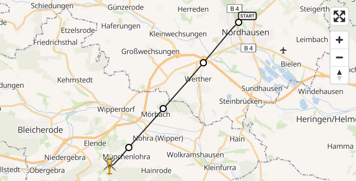 Flugroute Rettungshubschrauber Südharz Hospital Nordhausen - Großlohra, 03 Juli 2026, 12:44