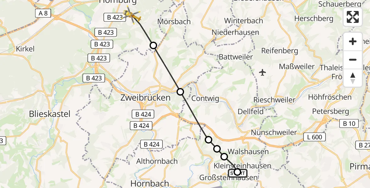 Flugroute Rettungshubschrauber Großsteinhausen - Homburg, 03 Juli 2026, 12:47