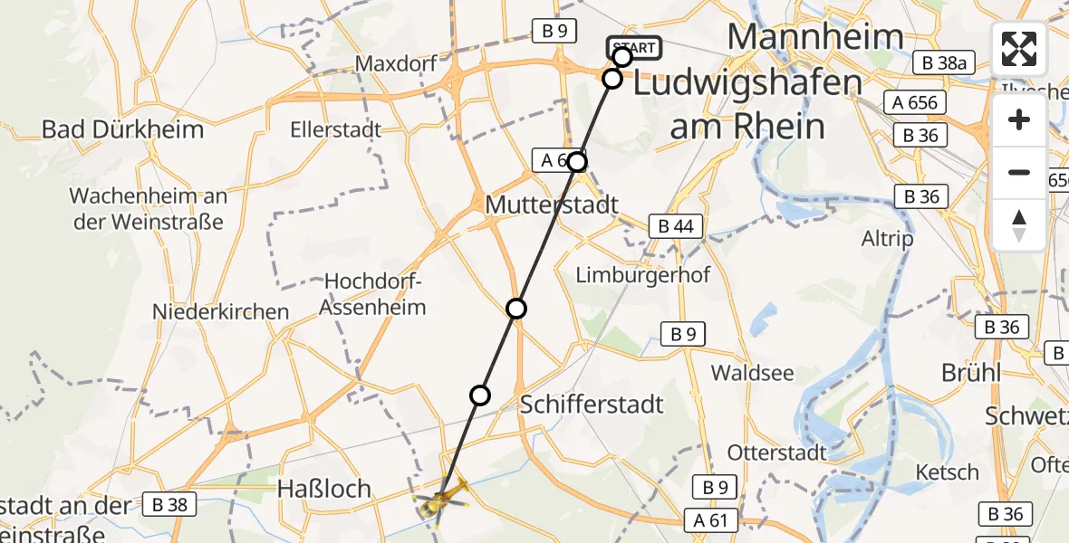 Flugroute Rettungshubschrauber Ludwigshafen Accident Hospital - Böhl-Iggelheim, 03 Juli 2026, 12:53