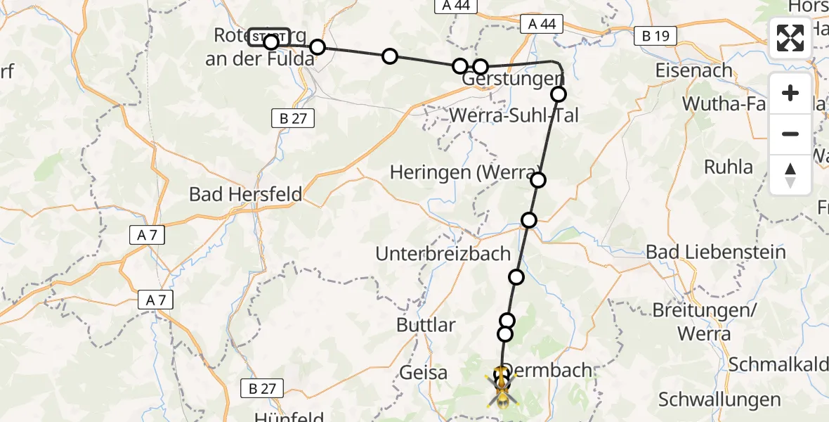 Flugroute Ambulanzhubschrauber Rotenburg an der Fulda Cardiovascular Center Hubschrauberlandeplatz - Gerstengrund, 03 Juli 2026, 12:56
