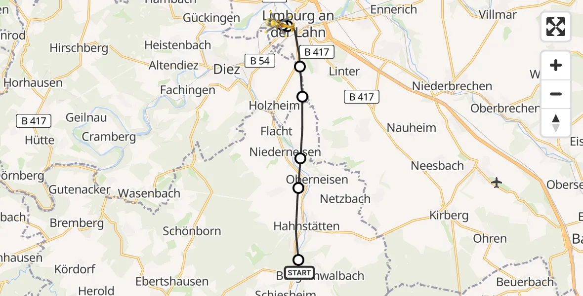 Flugroute Rettungshubschrauber Burgschwalbach - Saint Vincent Hospital Limburg, 03 Juli 2026, 12:56