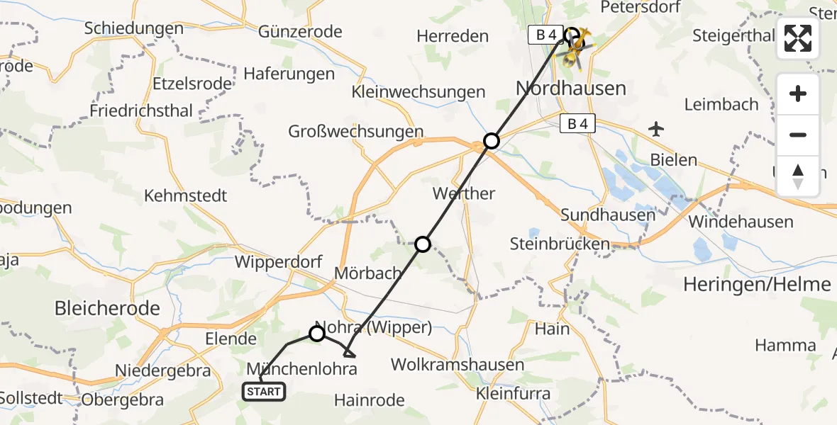 Flugroute Rettungshubschrauber Großlohra - Südharz Hospital Nordhausen, 03 Juli 2026, 13:01