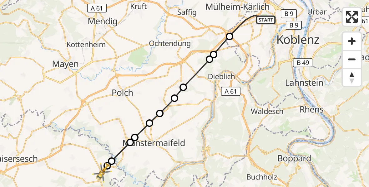 Flugroute Rettungshubschrauber Koblenz - Brohl, 03 Juli 2026, 13:02