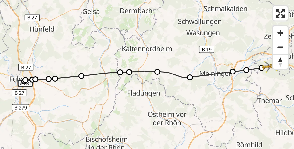 Flugroute Rettungshubschrauber Fulda Hospital - Suhl, 03 Juli 2026, 13:06