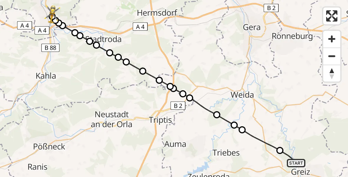 Flugroute Rettungshubschrauber Greiz - Lobeda Hubschrauberlandeplatz, 03 Juli 2026, 13:09
