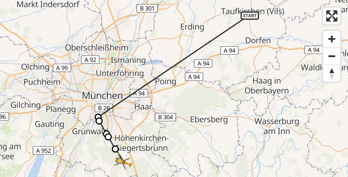 Flugroute Rettungshubschrauber Taufkirchen (Vils) - Sauerlach, 03 Juli 2026, 13:09