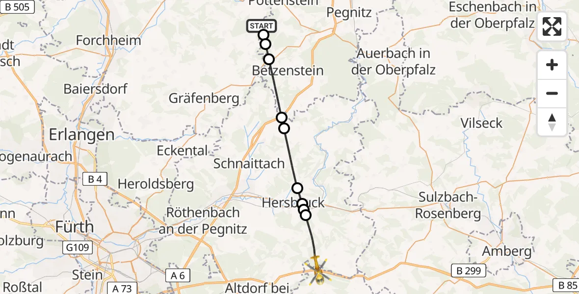 Flugroute Ambulanzhubschrauber Pottenstein - Lauterhofen, 03 Juli 2026, 13:10