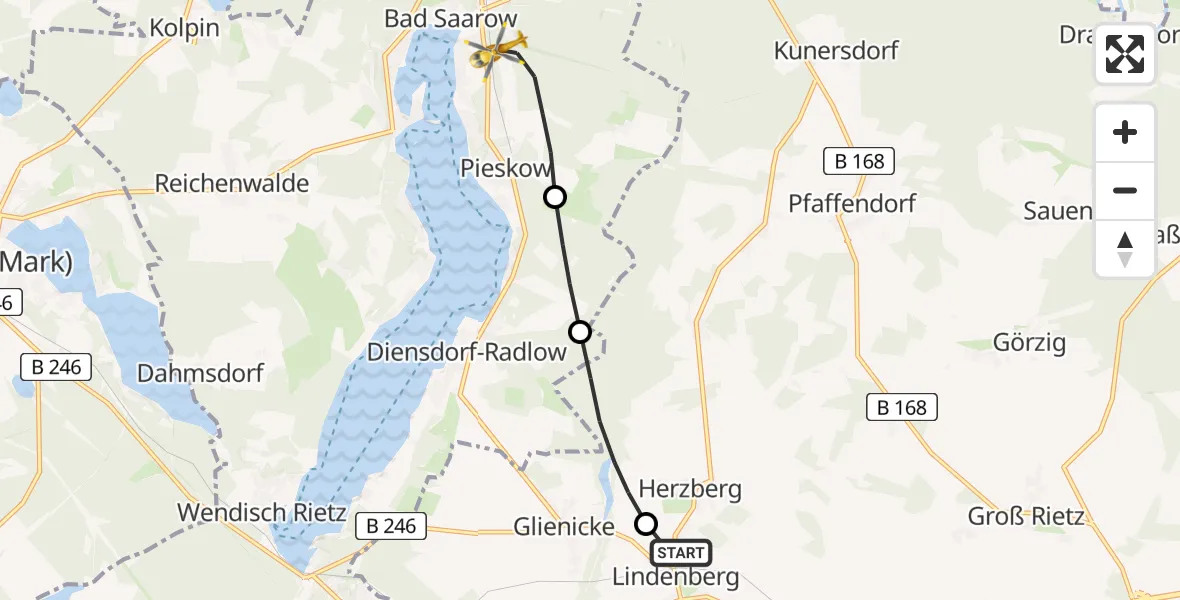 Flugroute Rettungshubschrauber Tauche - Bad Saarow, 03 Juli 2026, 13:15