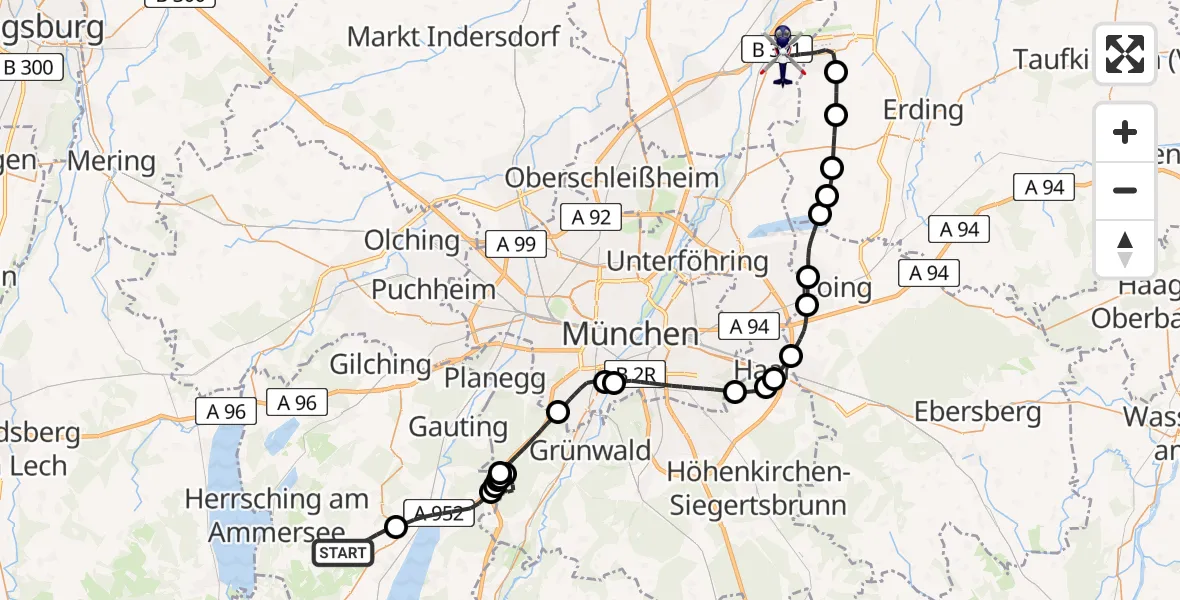 Flugroute Polizeihubschrauber Pöcking - München Flughafen, 03 Juli 2026, 13:16