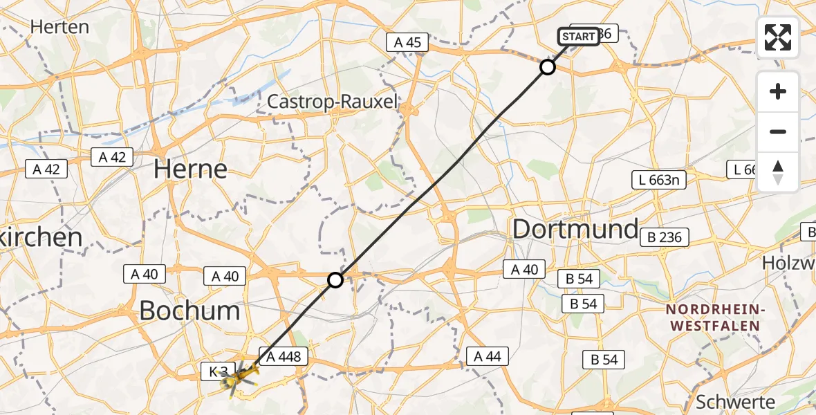 Flugroute Rettungshubschrauber Lünen - Bochum, 03 Juli 2026, 13:26