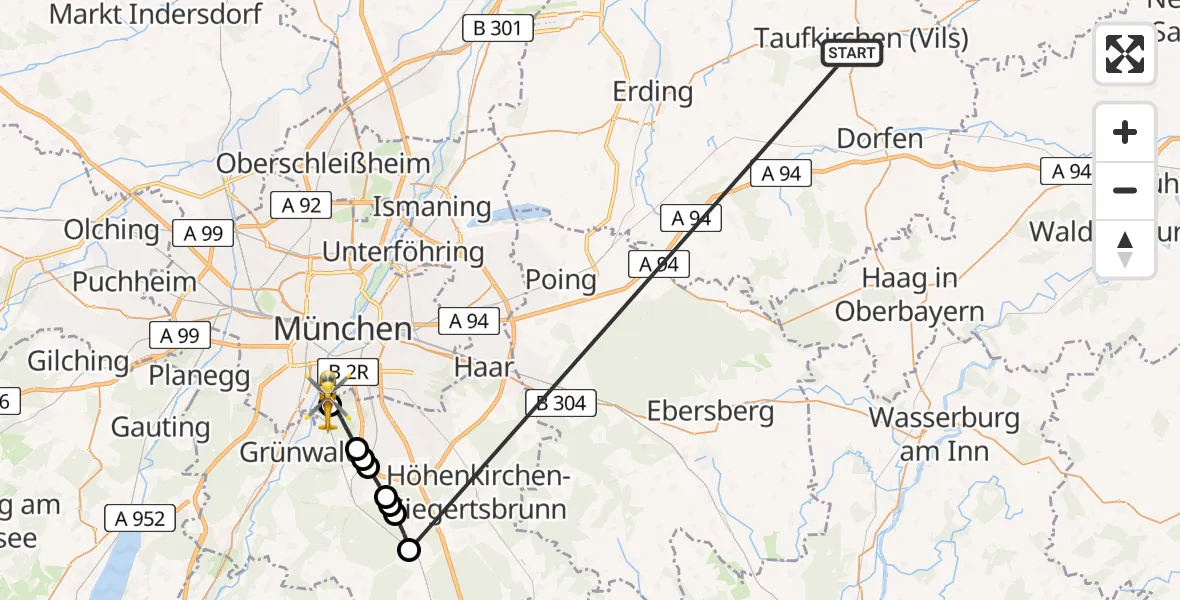 Flugroute Rettungshubschrauber Taufkirchen (Vils) - ADAC Air Rescue Center Hubschrauberlandeplatz (Christoph 1), 03 Juli 2026, 13:36