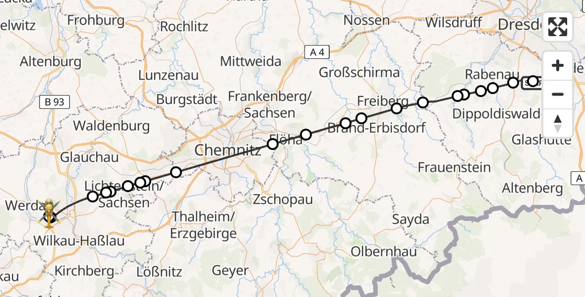 Flugroute Rettungshubschrauber Bavaria Hospital Kreischa - ADAC Air Rescue Station Zwickau Hubschrauberlandeplatz, 03 Juli 2026, 13:43