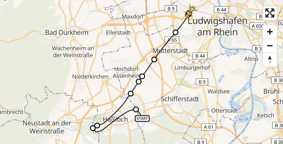 Flugroute Rettungshubschrauber Böhl-Iggelheim - Ludwigshafen Accident Hospital, 03 Juli 2026, 13:44