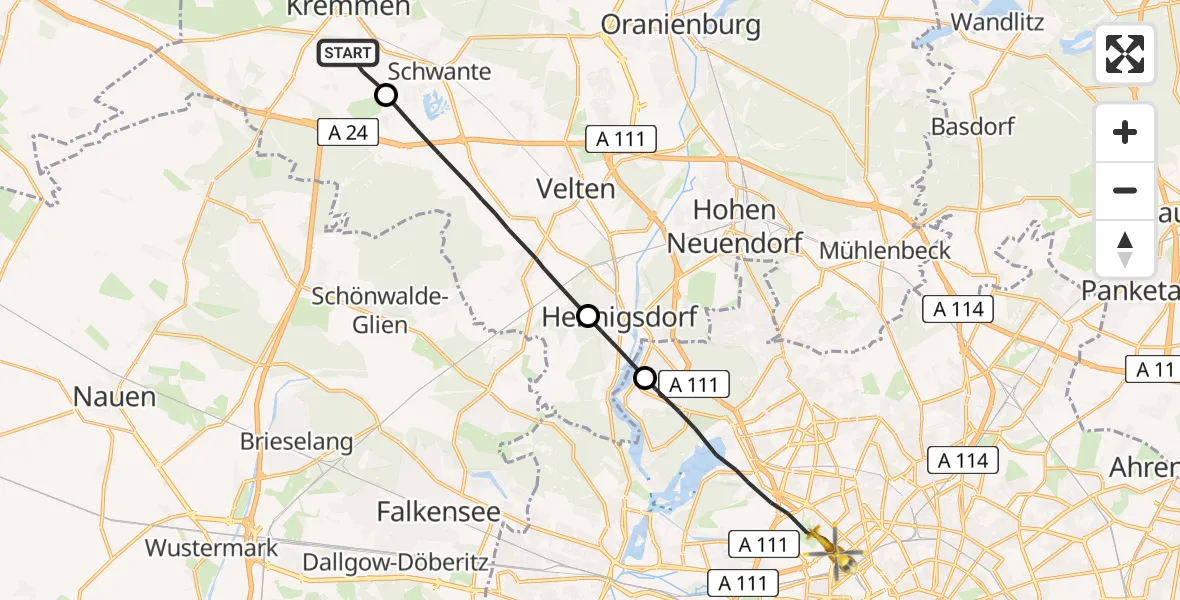 Flugroute Rettungshubschrauber Kremmen - Berlin, 03 Juli 2026, 13:45