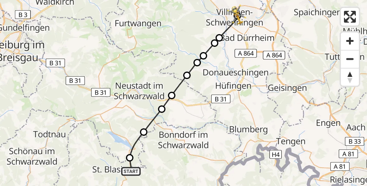Flugroute Rettungshubschrauber Häusern - DRF Air Rescue Station Villingen-Schwenningen Hubschrauberlandeplatz (Christoph 11), 03 Juli 2026, 13:45