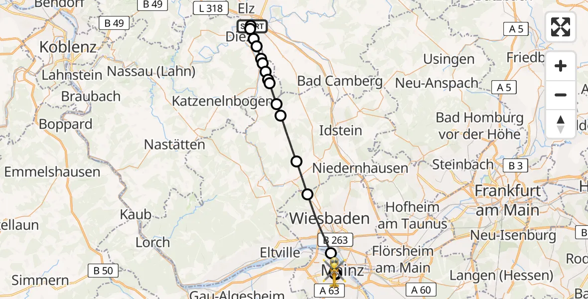 Flugroute Rettungshubschrauber Saint Vincent Hospital Limburg - Mainz University Hospital, 03 Juli 2026, 13:49