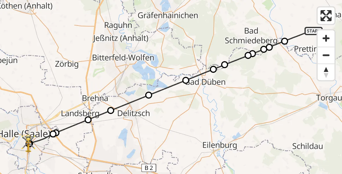 Flugroute Rettungshubschrauber Annaburg - BG Hospital Bergmannstrost Halle, 03 Juli 2026, 13:51