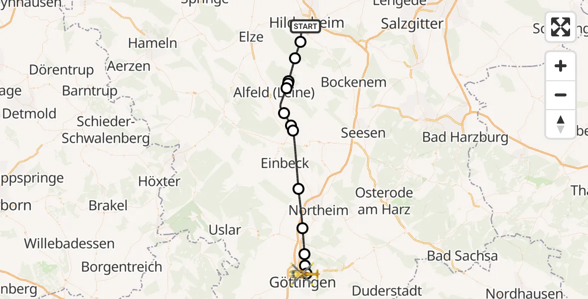 Flugroute Rettungshubschrauber Hildesheim - Göttingen University Clinic Hubschrauberlandeplatz, 03 Juli 2026, 13:59