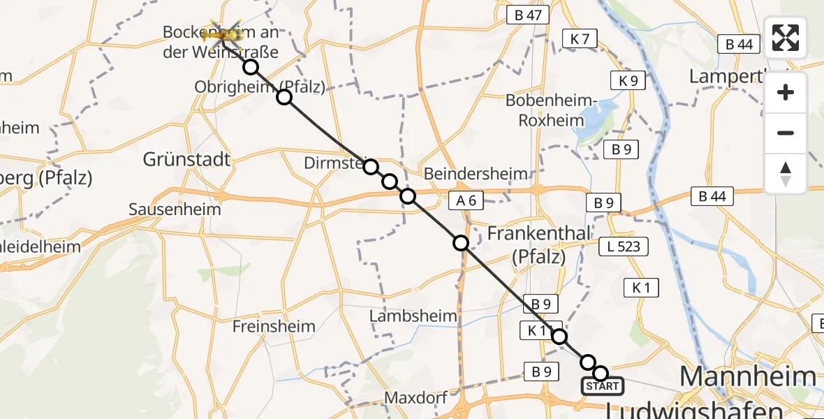 Flugroute Rettungshubschrauber Ludwigshafen Accident Hospital - Bockenheim an der Weinstraße, 03 Juli 2026, 13:59