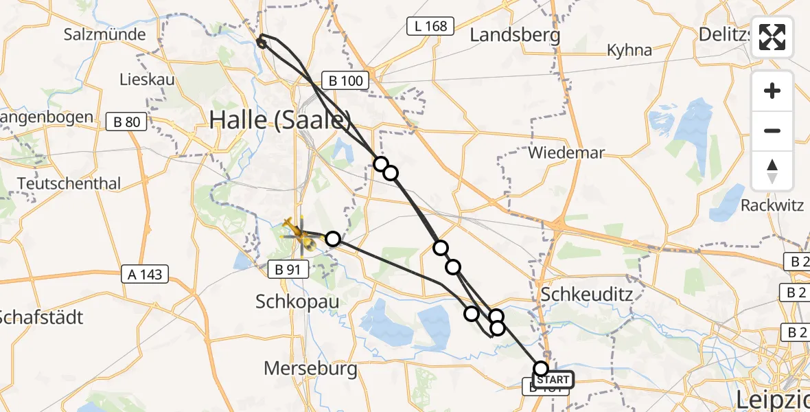 Flugroute Rettungshubschrauber ADAC Air Rescue Station Leipzig/Schkeuditz-Dölzig Hubschrauberlandeplatz (Christoph 61) - Halle (Saale), 03 Juli 2026, 14:00