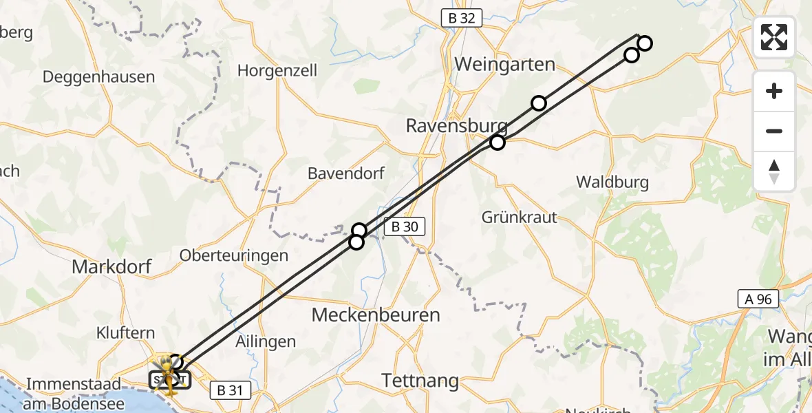 Flugroute Rettungshubschrauber Friedrichshafen Hospital - Friedrichshafen Hospital, 03 Juli 2026, 14:02