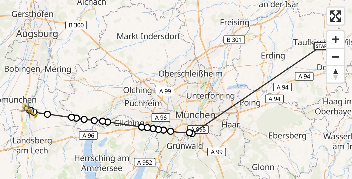 Flugroute Rettungshubschrauber Taufkirchen (Vils) - Scheuring, 03 Juli 2026, 14:05