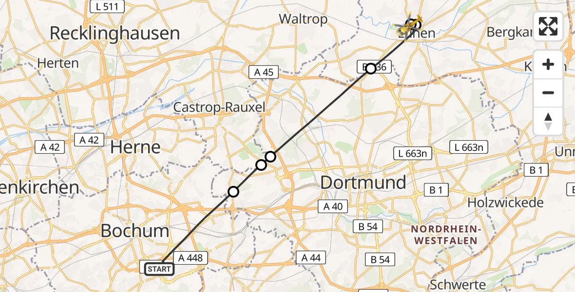 Flugroute Rettungshubschrauber Bochum - Sankt Marien Hospital, 03 Juli 2026, 14:08