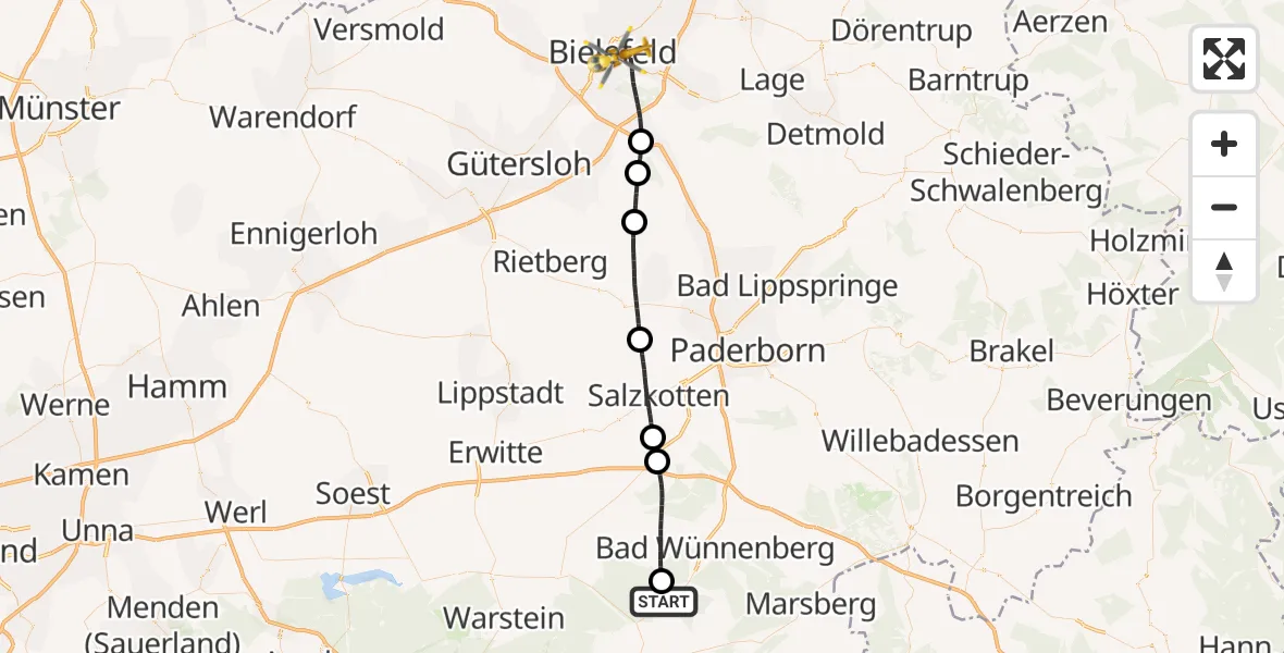 Flugroute Rettungshubschrauber Brilon - Bielefeld, 03 Juli 2026, 14:10