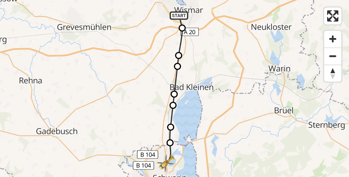 Flugroute Rettungshubschrauber Wismar - Schwerin, 03 Juli 2026, 14:18