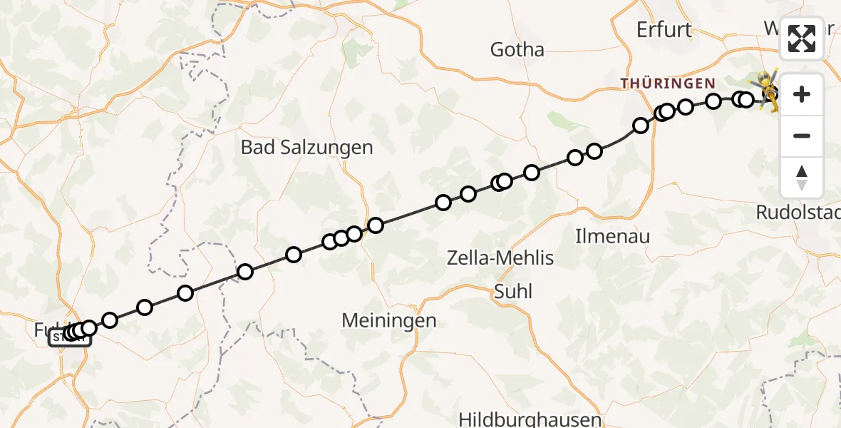 Flugroute Ambulanzhubschrauber Fulda Hospital - Bad Berka Central Hospital, 03 Juli 2026, 14:24