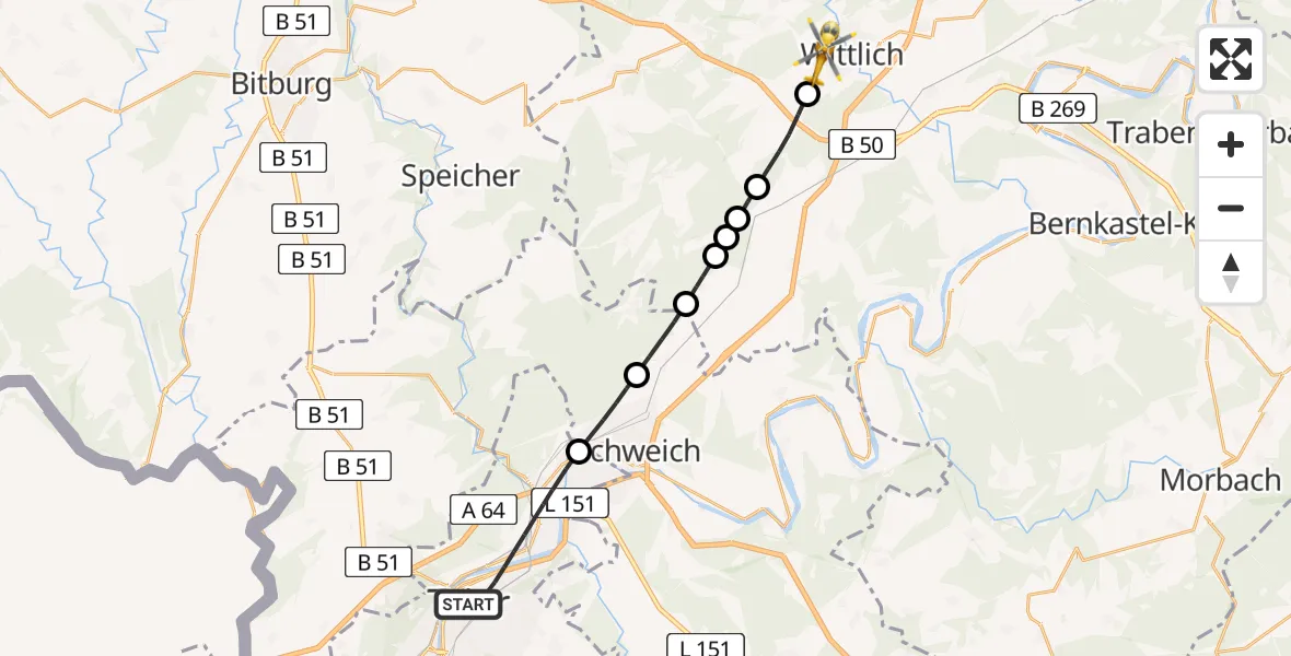 Flugroute Rettungshubschrauber Trier - Wittlich, 03 Juli 2026, 14:24