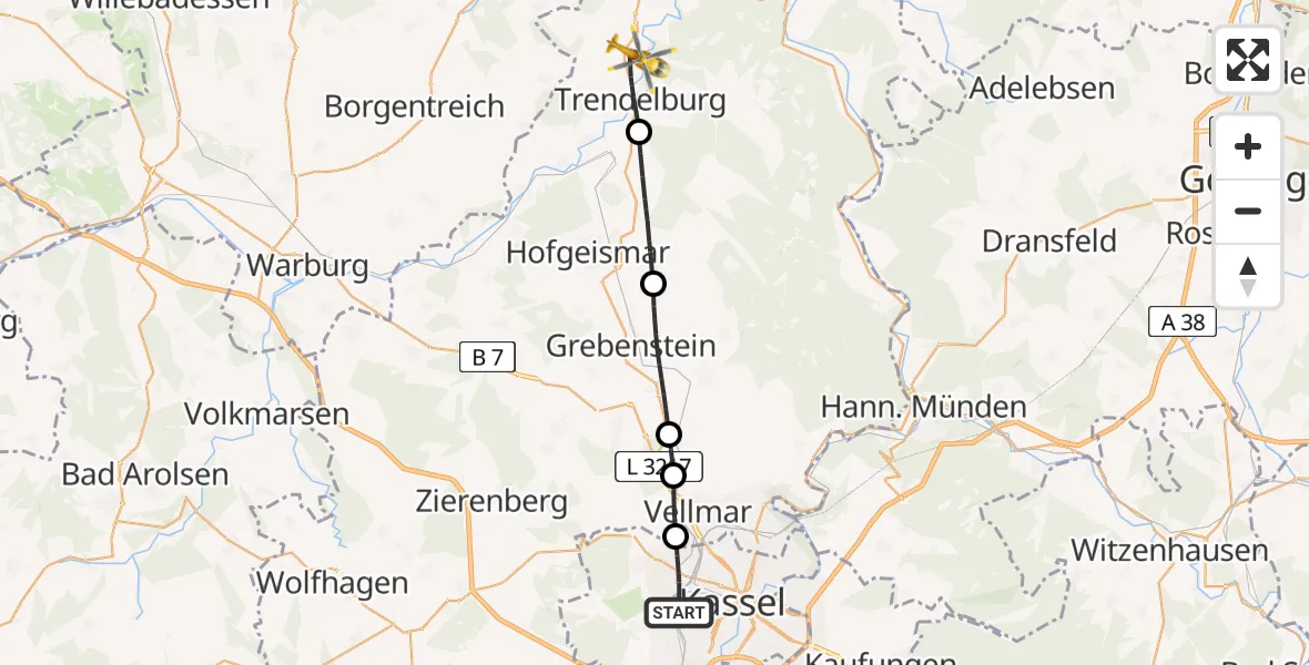 Flugroute Rettungshubschrauber Kassel - Trendelburg, 03 Juli 2026, 14:33