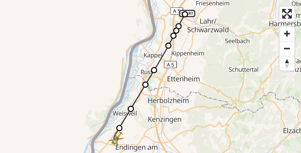 Flugroute Rettungshubschrauber Lahr Flughafen - Wyhl am Kaiserstuhl, 03 Juli 2026, 14:38