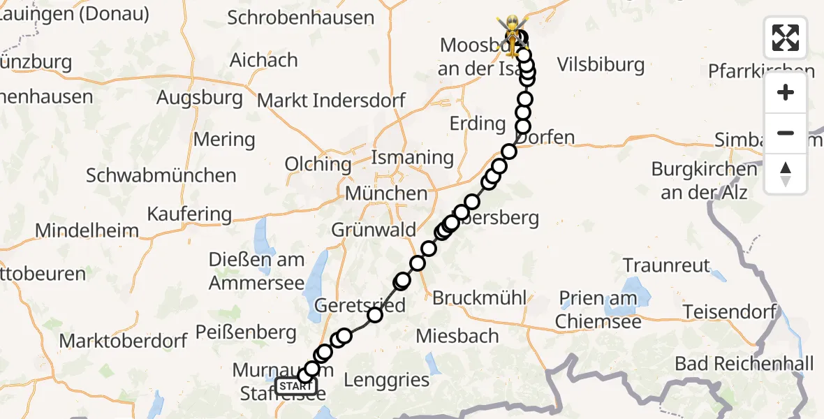 Flugroute Rettungshubschrauber Riegsee - Landshut Flugplatz, 03 Juli 2026, 14:39