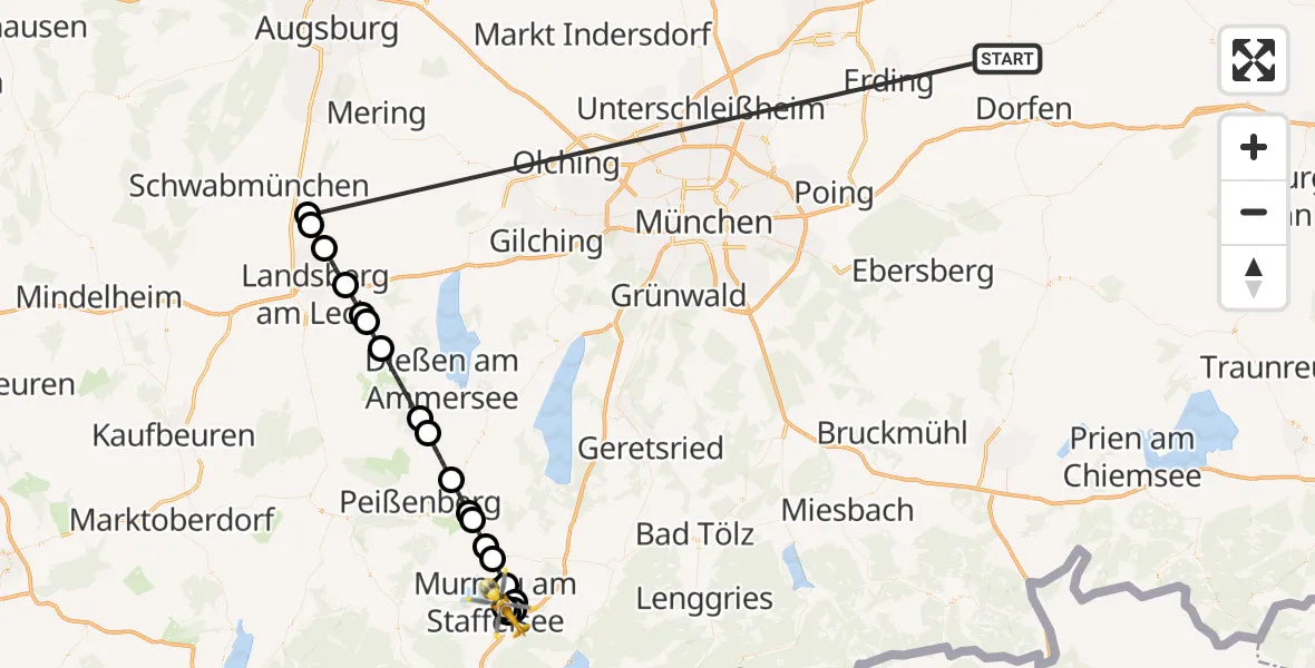 Flugroute Rettungshubschrauber Taufkirchen (Vils) - Murnau Accident Hospital Hubschrauberlandeplatz, 03 Juli 2026, 14:39