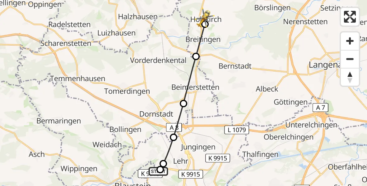 Flugroute Rettungshubschrauber Ulm Military Hospital Emergency - Holzkirch, 03 Juli 2026, 14:39