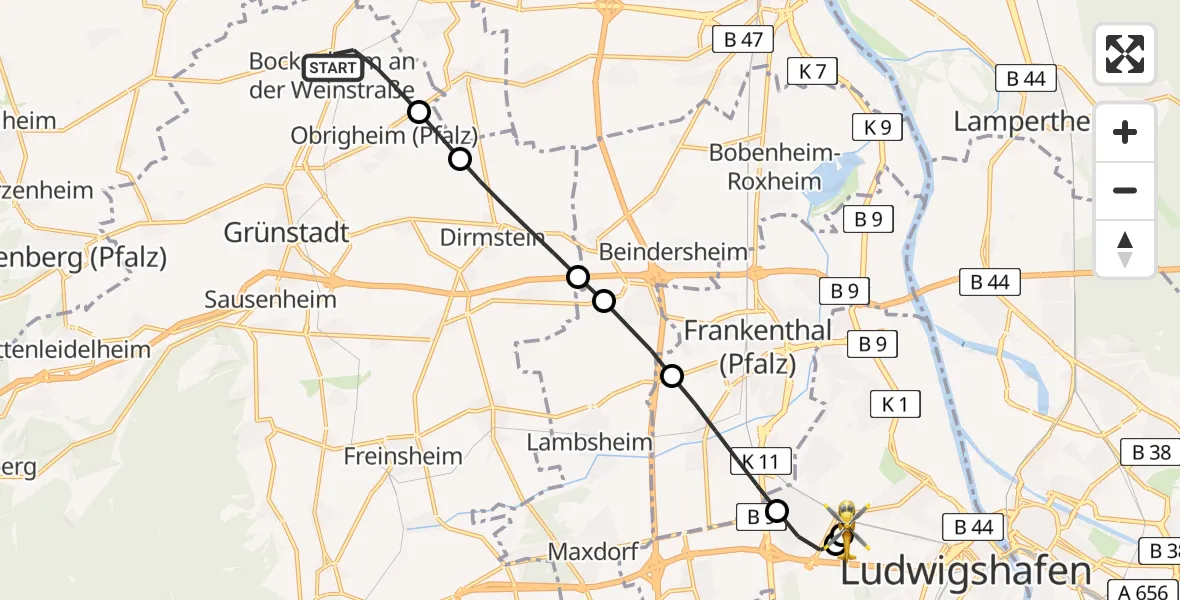 Flugroute Rettungshubschrauber Bockenheim an der Weinstraße - Ludwigshafen Accident Hospital, 03 Juli 2026, 14:43