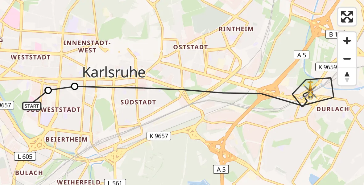 Flugroute Ambulanzhubschrauber Sankt Vincentius Hospital - Karlsruhe, 03 Juli 2026, 14:49