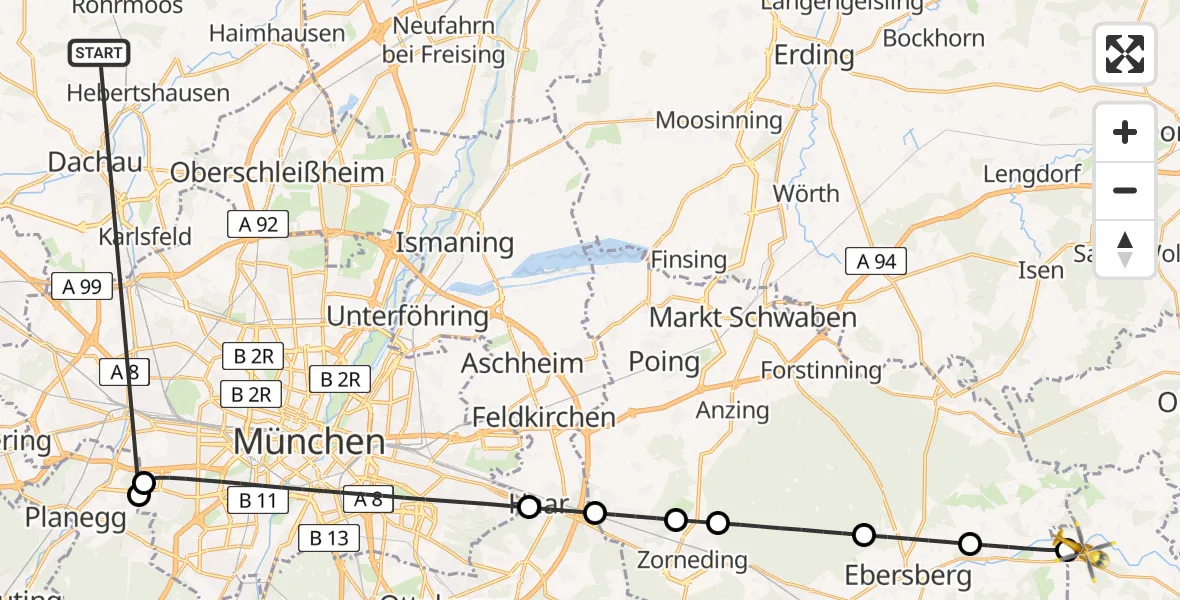 Flugroute Rettungshubschrauber Röhrmoos - Pfaffing, 03 Juli 2026, 14:53