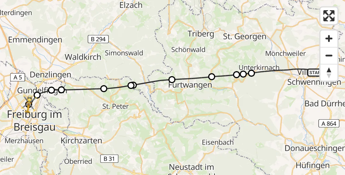 Flugroute Rettungshubschrauber Villingen-Schwenningen - Freiburg im Breisgau Flugplatz, 03 Juli 2026, 15:04