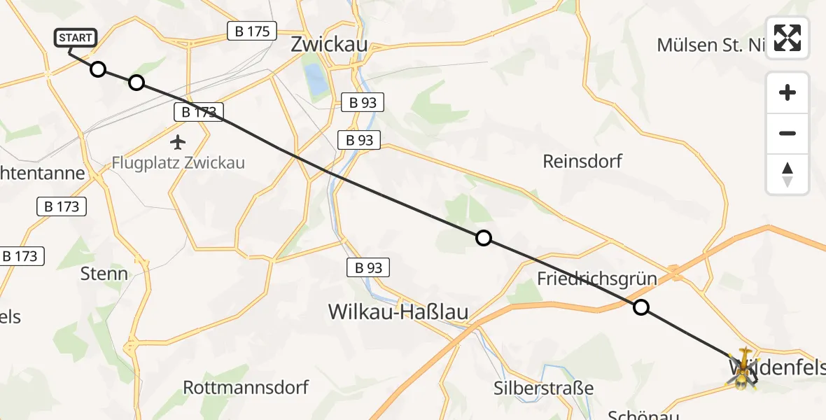Flugroute Rettungshubschrauber ADAC Air Rescue Station Zwickau Hubschrauberlandeplatz - Wildenfels, 03 Juli 2026, 15:07