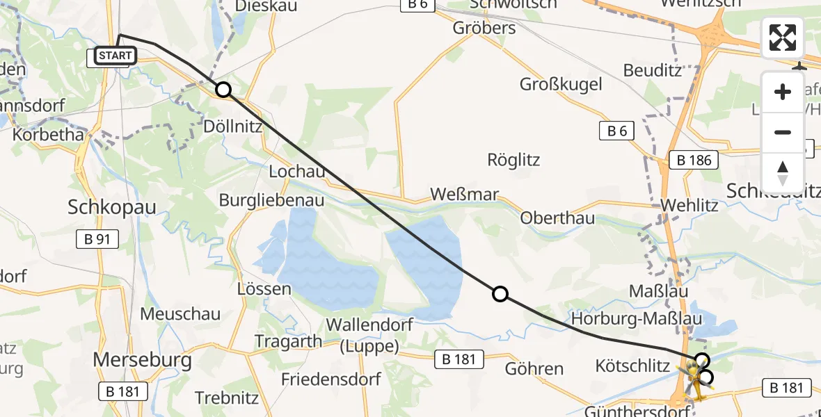 Flugroute Rettungshubschrauber Halle (Saale) - ADAC Air Rescue Station Leipzig/Schkeuditz-Dölzig Hubschrauberlandeplatz (Christoph 61), 03 Juli 2026, 15:07