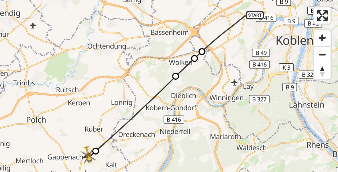 Flugroute Rettungshubschrauber Koblenz - Münstermaifeld, 03 Juli 2026, 15:11
