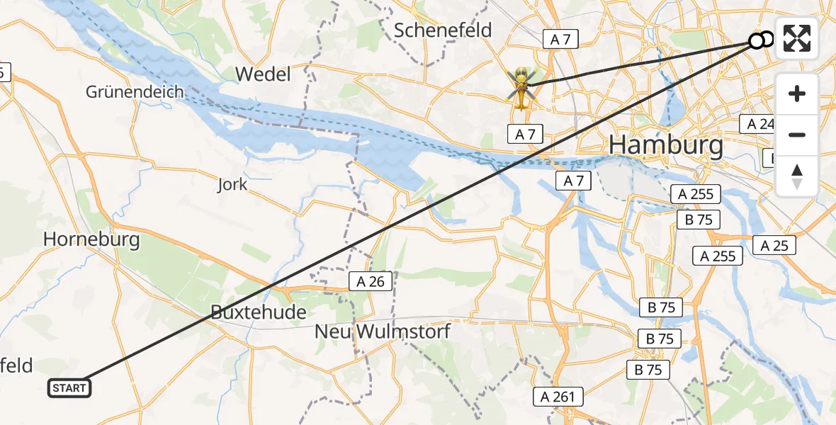 Flugroute Rettungshubschrauber Harsefeld - Hamburg, 03 Juli 2026, 15:12