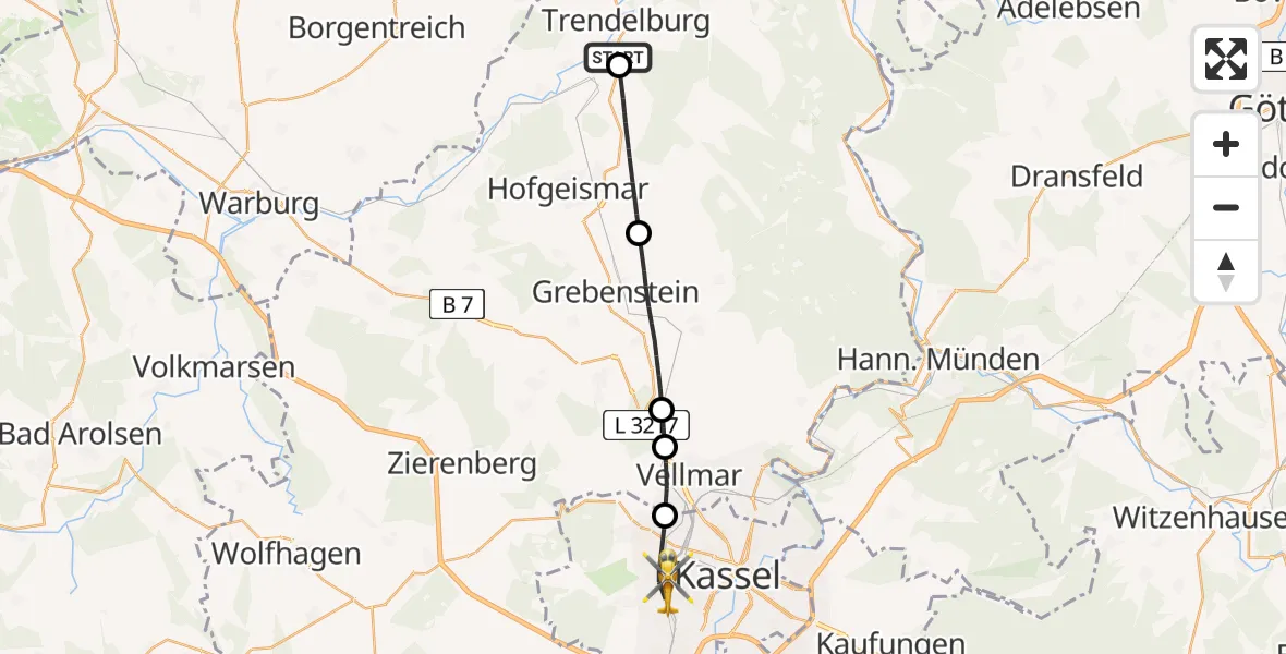 Flugroute Rettungshubschrauber Trendelburg - Kassel, 03 Juli 2026, 15:17