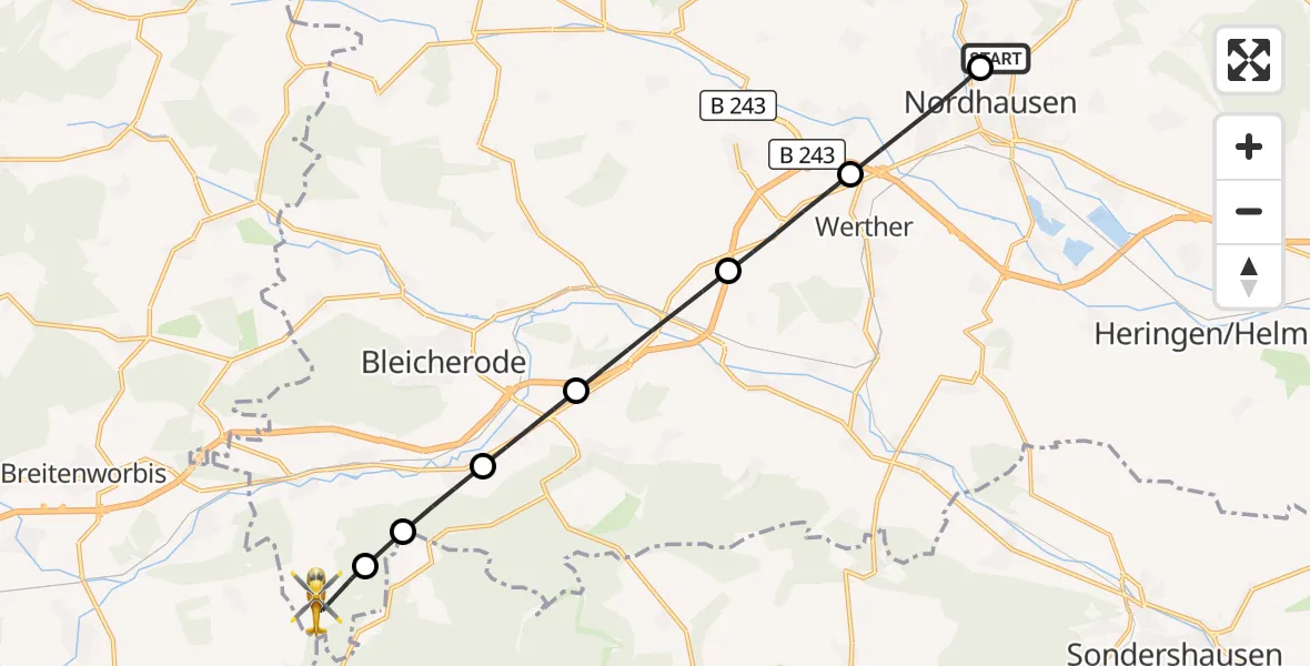 Flugroute Rettungshubschrauber Südharz Hospital Nordhausen - Sollstedt, 03 Juli 2026, 15:22