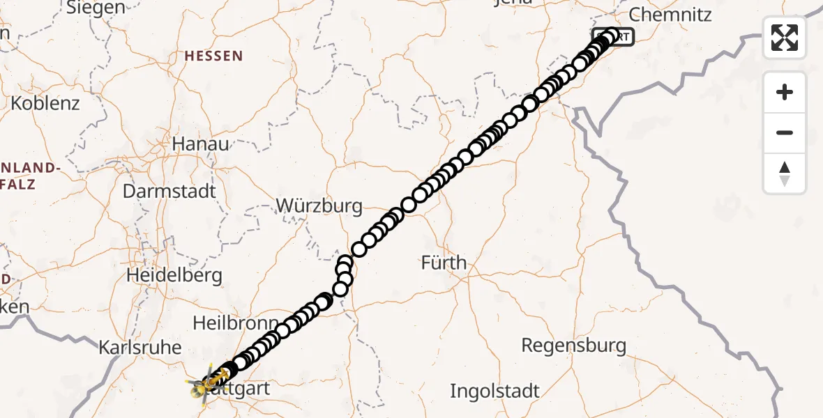 Flugroute Rettungshubschrauber ADAC Air Rescue Station Zwickau Hubschrauberlandeplatz - Leonberg Hospital, 03 Juli 2026, 15:25